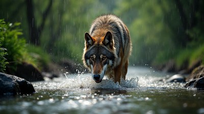 Wolf walking through shallow stream