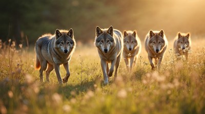 Pack of wolves walking in golden field