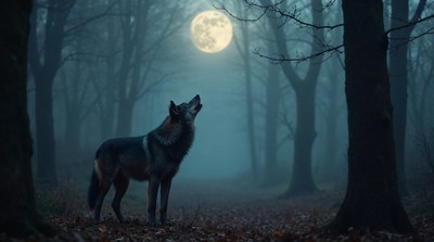 Wolf howling at moon in misty forest