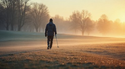 Man walking golf course at sunrise