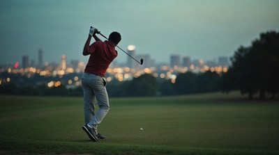 Man swinging golf club at dusk
