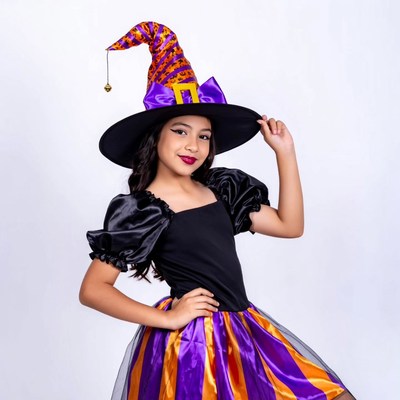 Girl in striped witch costume