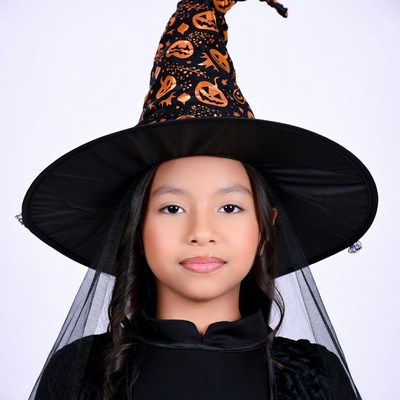 Asian girl in Halloween witch hat