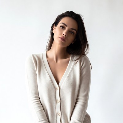 Woman in white v-neck sweater