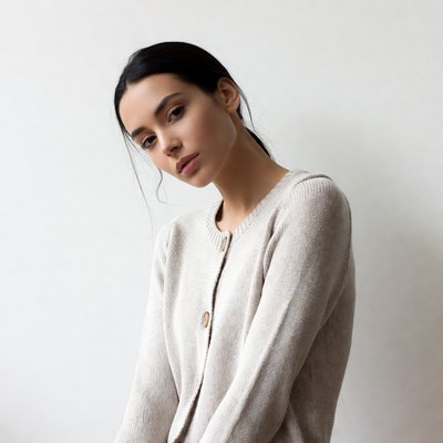 Woman in beige sweater close-up