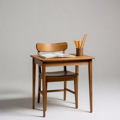 Wooden Desk with Open Book and Pencils