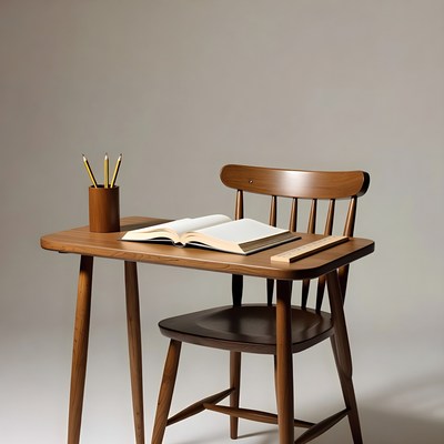 Wooden Desk with Open Book and Pencils