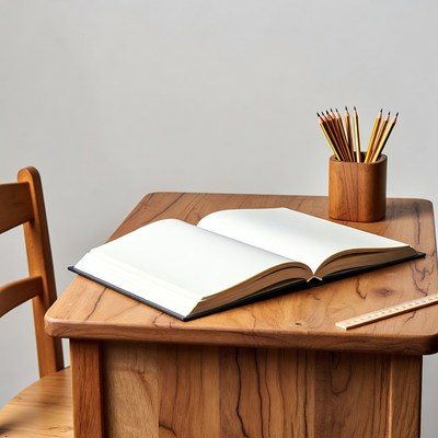 Open notebook with pencils on desk