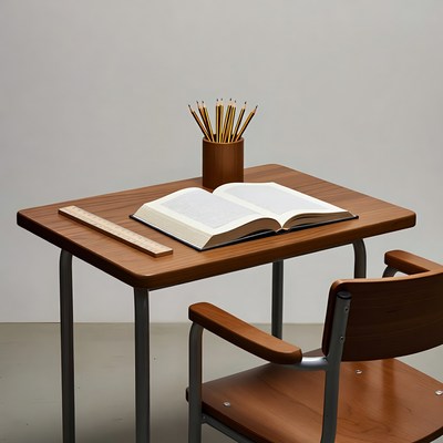 Desk with open book pencils ruler