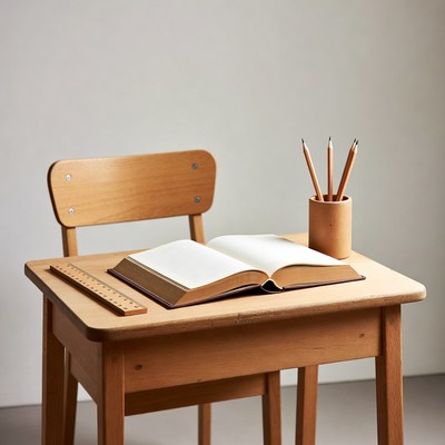Open book on wooden school desk