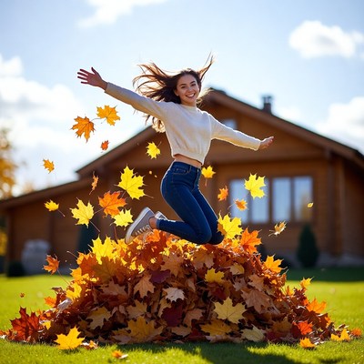 Young woman jumping into autumn leaves