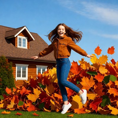Girl jumping in autumn leaves
