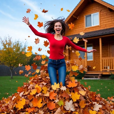Woman jumping in autumn leaf pile