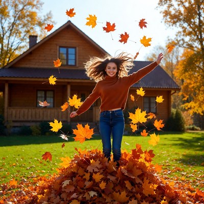 Woman jumping in autumn leaves pile
