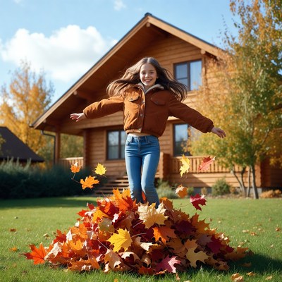 Girl jumping in autumn leaves