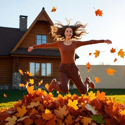 Woman jumping into autumn leaves