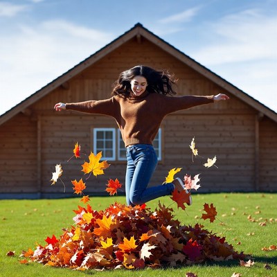 Woman jumping in autumn leaves