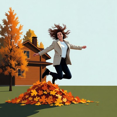 Woman jumping into autumn leaves