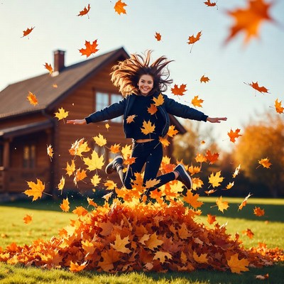 Woman jumping into autumn leaves