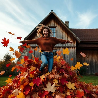 Woman jumping in autumn leaves