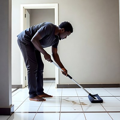 African man mopping floor barefoot