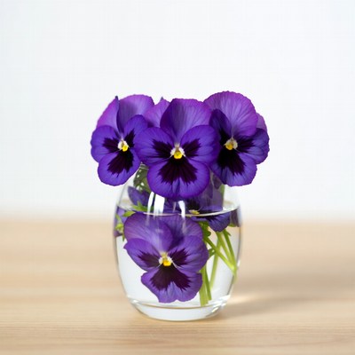 Purple Pansies in Glass Vase