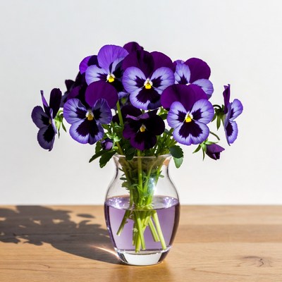 Purple Pansies in Glass Vase