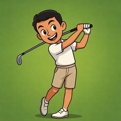 Cartoon boy swinging golf club