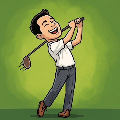 Cartoon Asian man swinging golf club