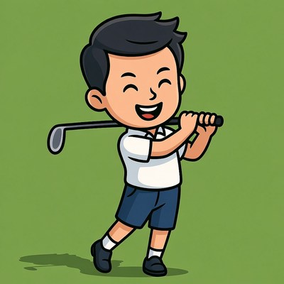 Asian boy swinging golf club