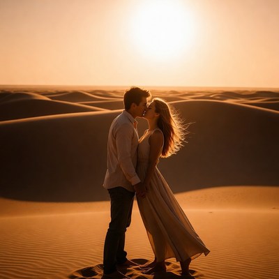 Couple kissing in desert sunset