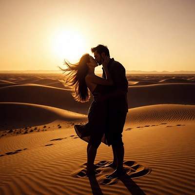 Silhouette couple kissing at sunset desert