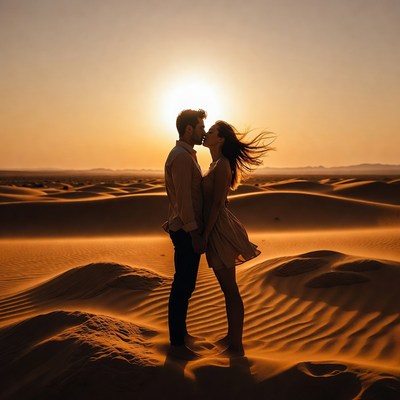 Couple kissing at sunset in desert