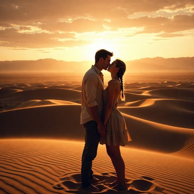 Couple kissing in desert sunset