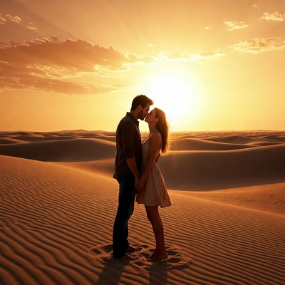 Couple kissing in desert sunset