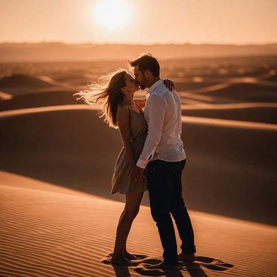 Couple kissing in sunset desert dunes