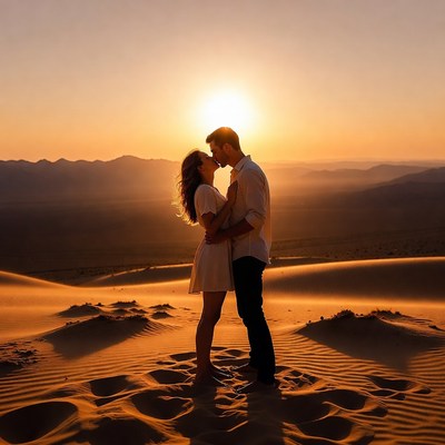 Couple kissing at sunset in desert