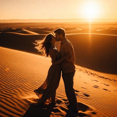 Couple kissing in desert sunset