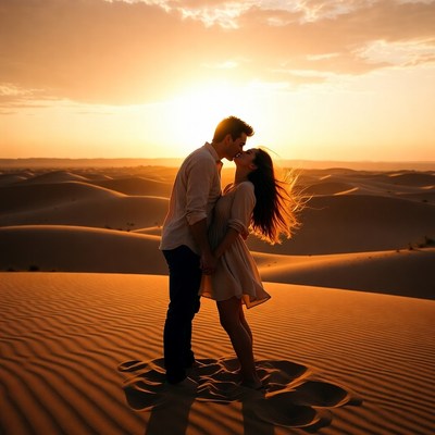 Couple kissing in sunset desert