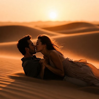 Couple kissing on desert dunes at sunset