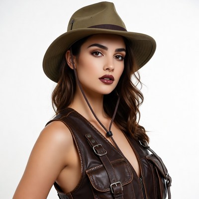Woman in fedora hat and leather vest