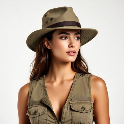 Woman wearing khaki hat and vest