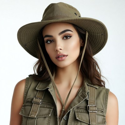 Woman wearing green safari hat