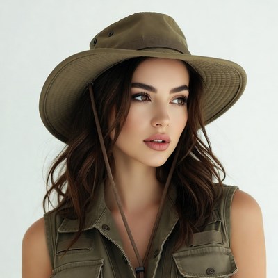 Woman wearing green bucket hat