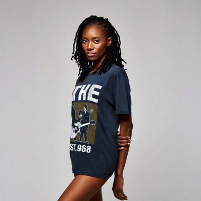 African-American woman in EST 1968 band t-shirt