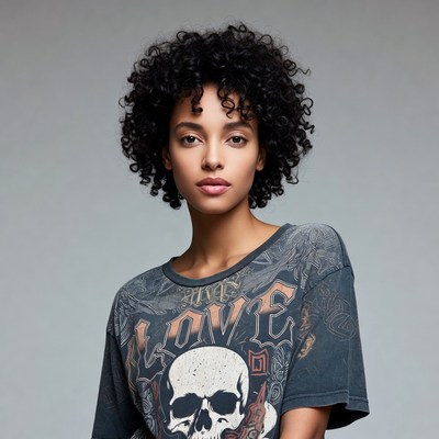 Woman with curly hair wearing skull t-shirt