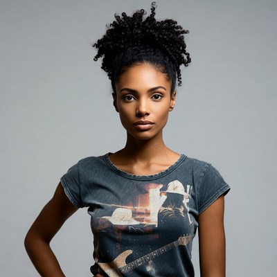 African-American woman in guitar t-shirt