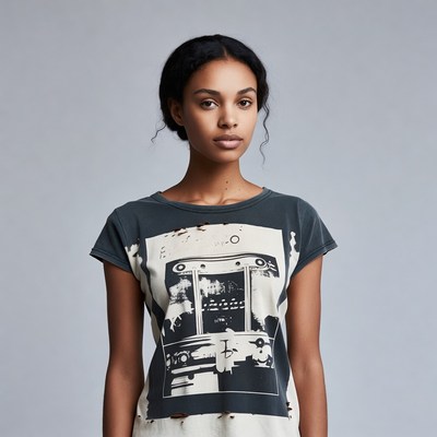 African-American woman in graphic t-shirt