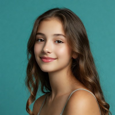 Teen girl smiling on teal background
