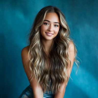 Smiling woman with long wavy blonde hair